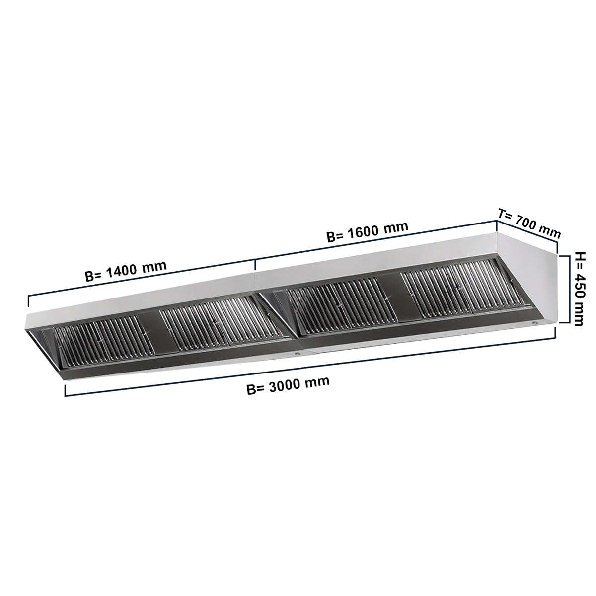 Wall hood with filter and lamp 3000X700X450MM