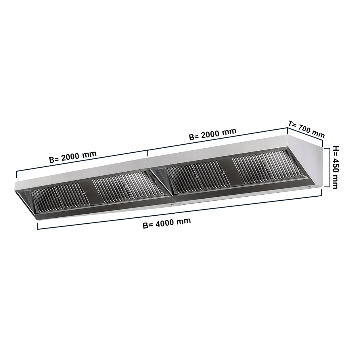 Wall hood with filter and lamp 4000X700X450MM