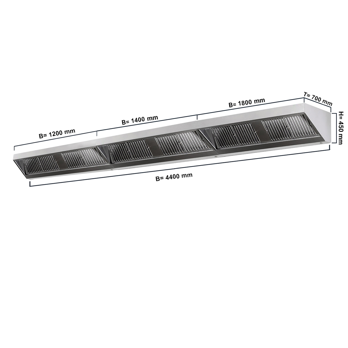 Wall hood with filter and lamp 4400X700X450MM