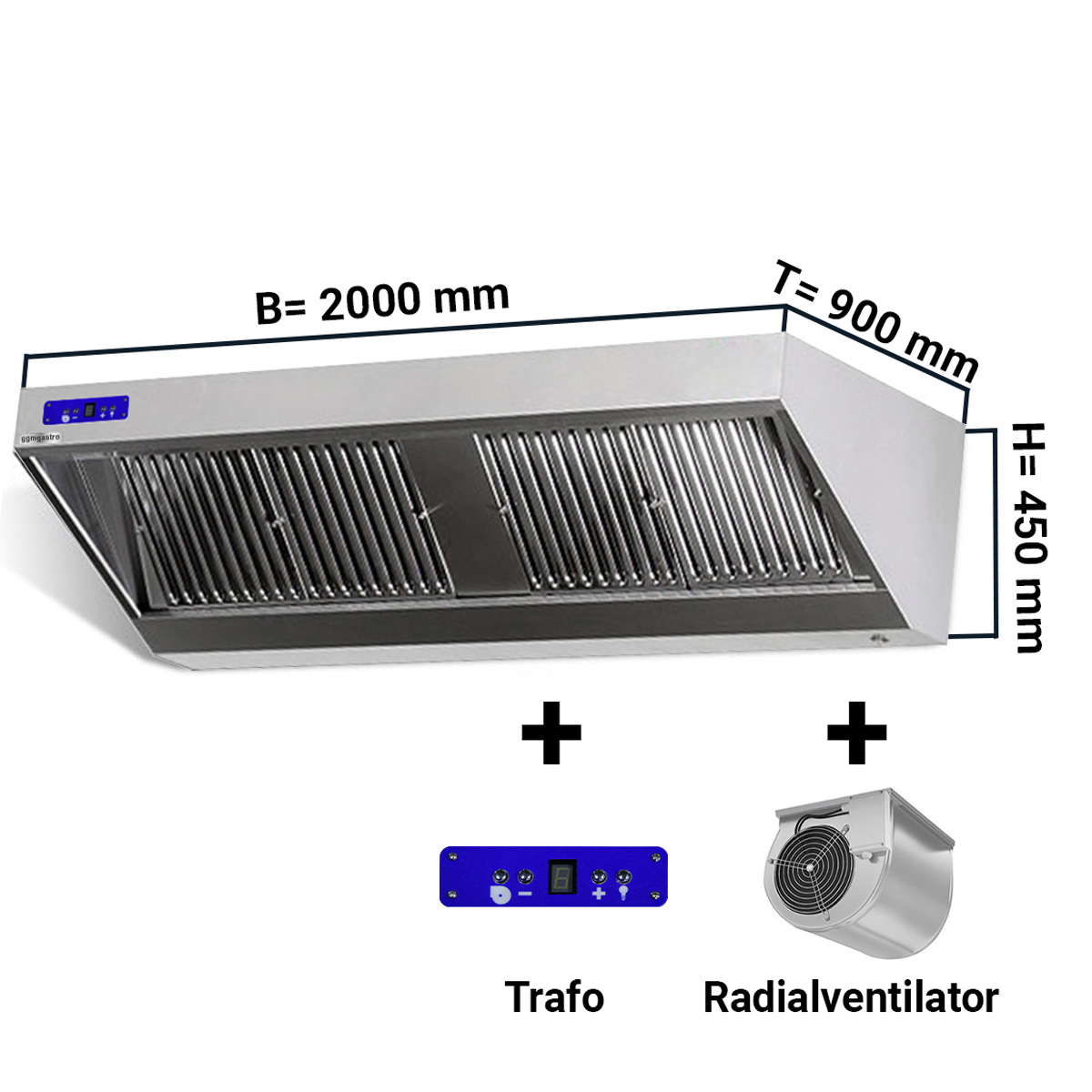 Wall hood with motor, controller, filter and lamp 2000X900X450MM